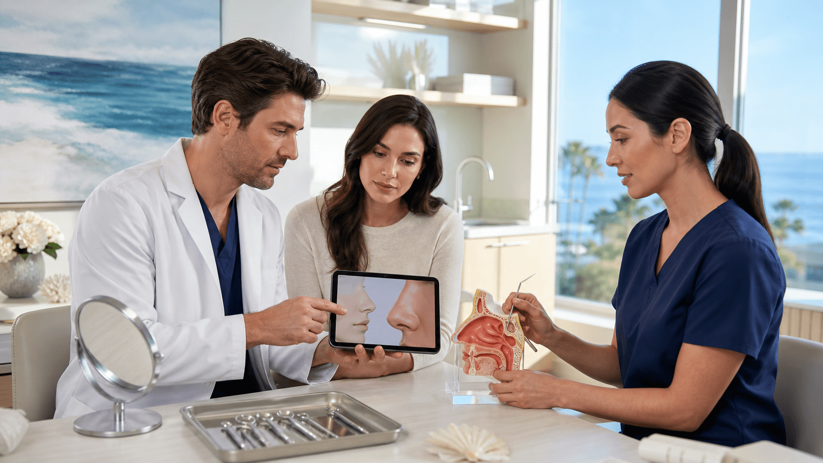 Surgeon in blue scrubs consults with a patient, holding a nasal model in a bright, modern clinic office.